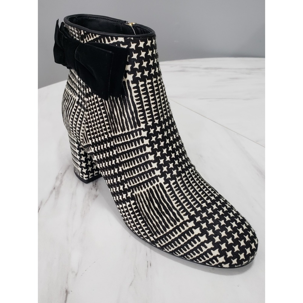 SZ 9.5 CALF HAIR Kate Spade Holly Houndstooth Black White Block Heel Ankle Boots - Picture 2 of 8